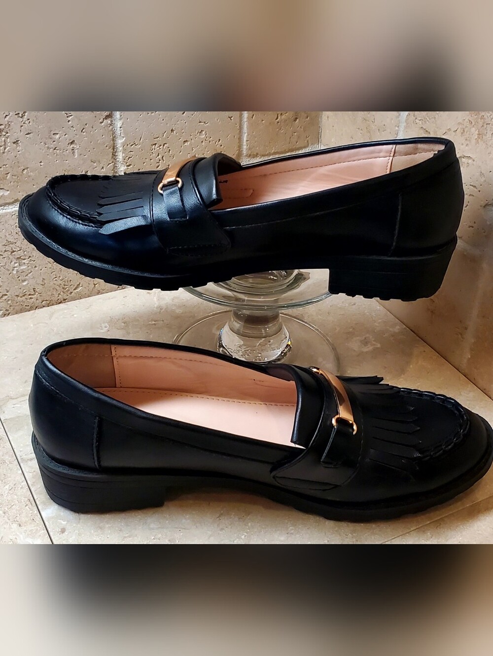 Women's Vegan Black Kiltie Loafers with Gold Accent Size 7